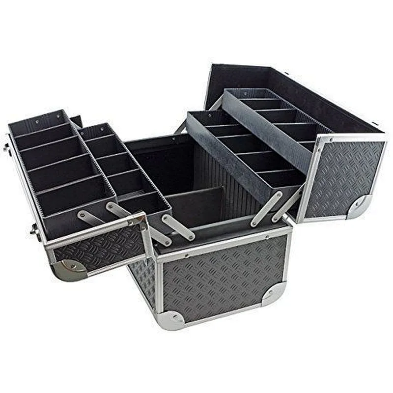 Black Toolbox Fishing Tackle Bait Case with Fold Out Trays Tool Case with Tray Dividers