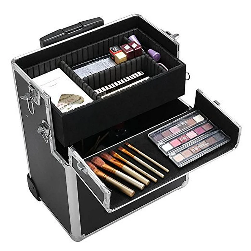 Rolling Aluminum 3 in 1 Cosmetic Case Trolley Makeup Beauty Box Case
