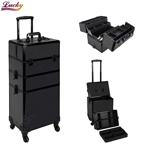 3-in-1 Professional 4 Wheels Removable Rolling Cosmetic Makeup Artist Train Case Organizer Travel Adjustable Dividers