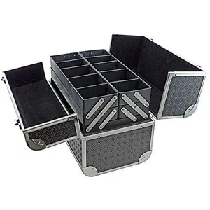 Black Toolbox Fishing Tackle Bait Case with Fold Out Trays Tool Case with Tray Dividers