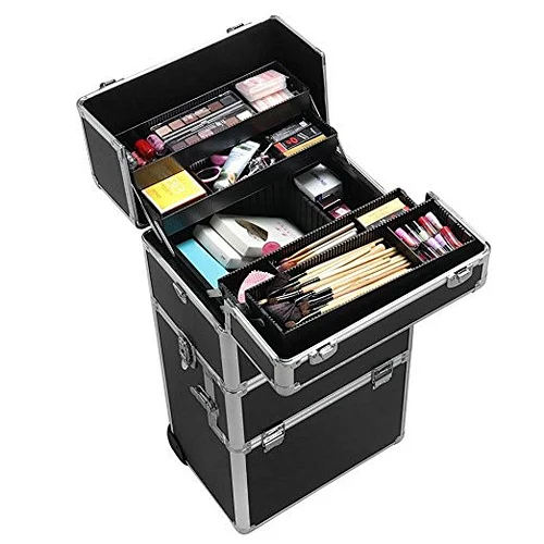 Rolling Aluminum 3 in 1 Cosmetic Case Trolley Makeup Beauty Box Case