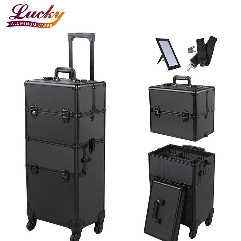 2 in 1 4 Wheel Pro Aluminum Rolling Makeup Cosmetic Train Case Lockable Wheeled Box