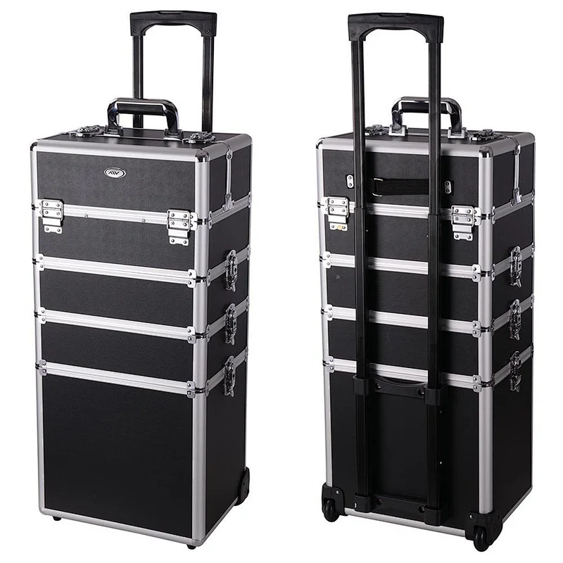 4 in 1 Rolling Makeup Artist Train Case Lockable Trolley Cosmetic Travel Box 2 Wheels Black