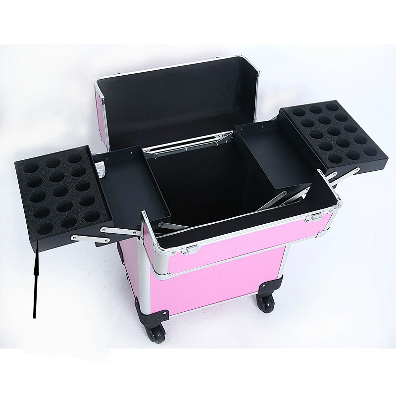 Aluminum professional rolling makeup case PVC Aluminum Trolley Cosmetic Case Makeup Bag With 4-Wheel
