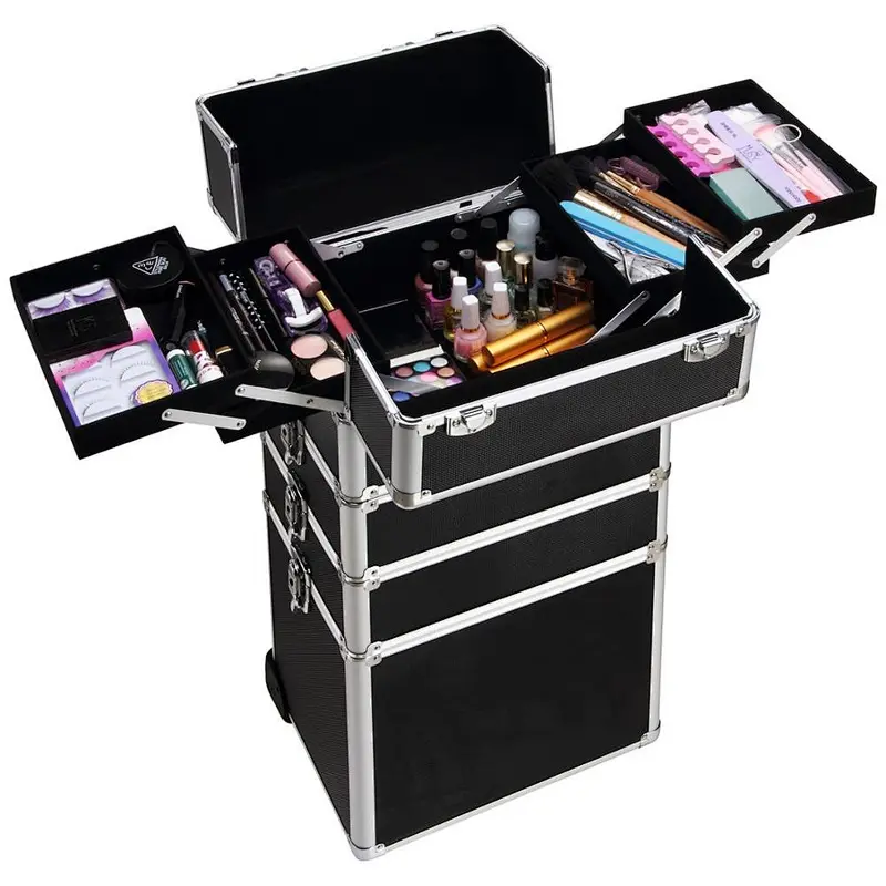 Professional artist train case organizer suitcase fashion lockable multiple layers removable wheels extendable trays case