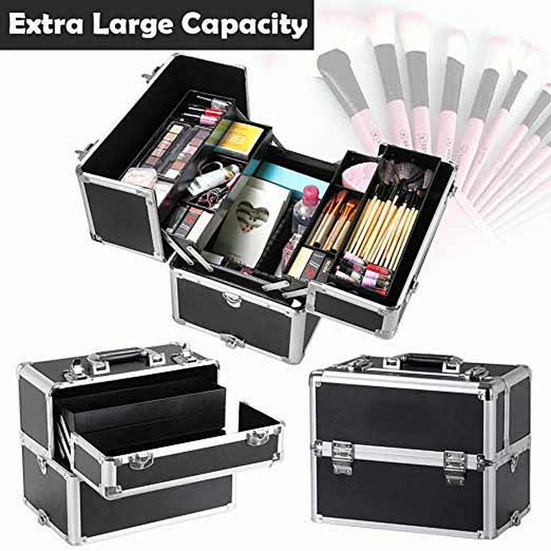 Rolling Aluminum 3 in 1 Cosmetic Case Trolley Makeup Beauty Box Case