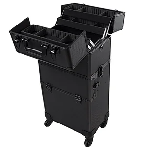 2 in 1 4 Wheel Pro Aluminum Rolling Makeup Cosmetic Train Case Lockable Wheeled Box