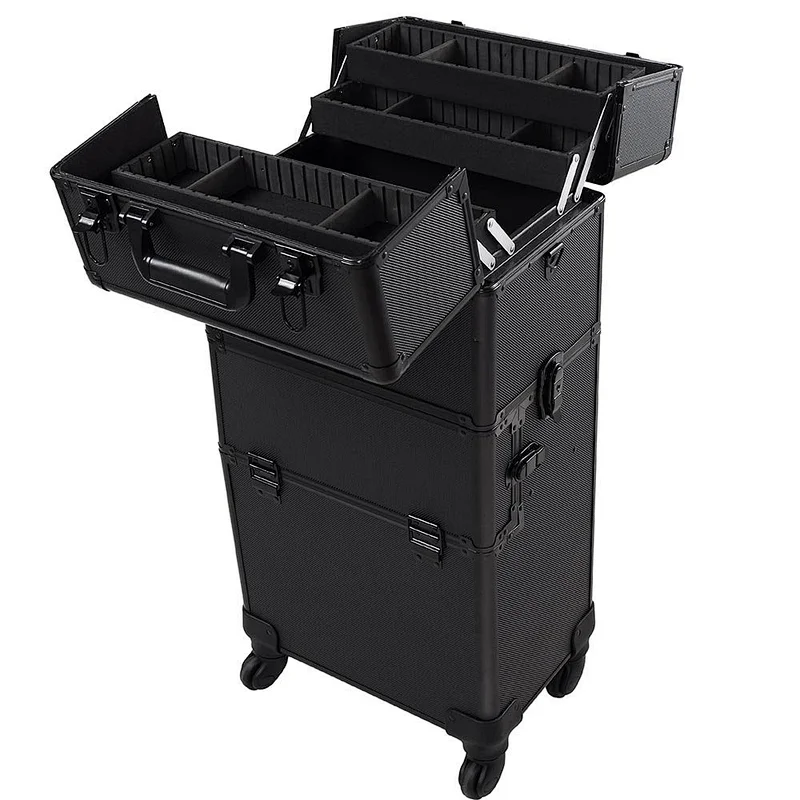 2 in 1 4 Wheel Pro Aluminum Rolling Makeup Cosmetic Train Case Lockable Wheeled Box