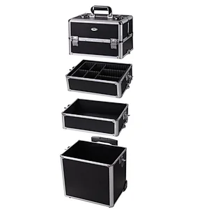 4 in 1 Rolling Makeup Artist Train Case Lockable Trolley Cosmetic Travel Box 2 Wheels Black