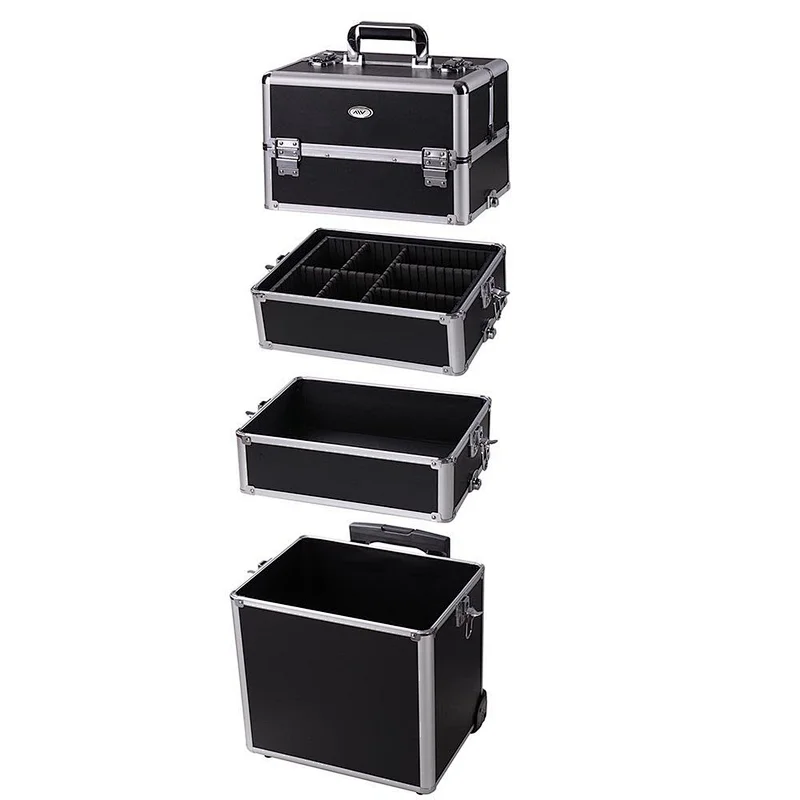 4 in 1 Rolling Makeup Artist Train Case Lockable Trolley Cosmetic Travel Box 2 Wheels Black