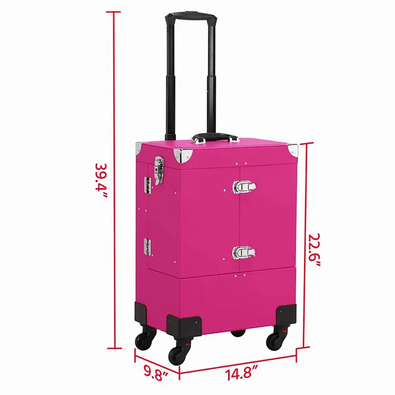 Pink Extra Large Space Storage Beauty Box Leather Wheeled Rolling Makeup Artist Travel Case Train Case Hairdresser Box Mirror