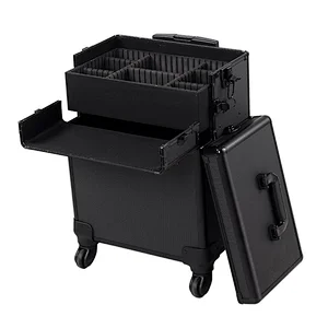 2 in 1 4 Wheel Pro Aluminum Rolling Makeup Cosmetic Train Case Lockable Wheeled Box