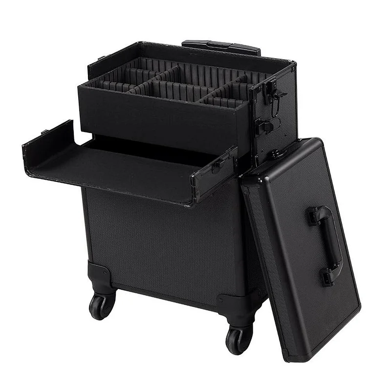 2 in 1 4 Wheel Pro Aluminum Rolling Makeup Cosmetic Train Case Lockable Wheeled Box