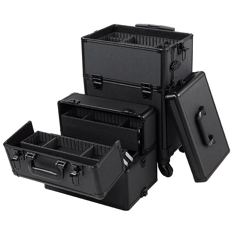 2 in 1 4 Wheel Pro Aluminum Rolling Makeup Cosmetic Train Case Lockable Wheeled Box
