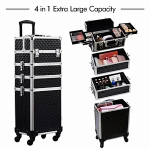 Large 4 in 1 Mobile Makeup Case Trolley Nail Vanity Beauty Box Rolling Case with 4 Removable Wheels