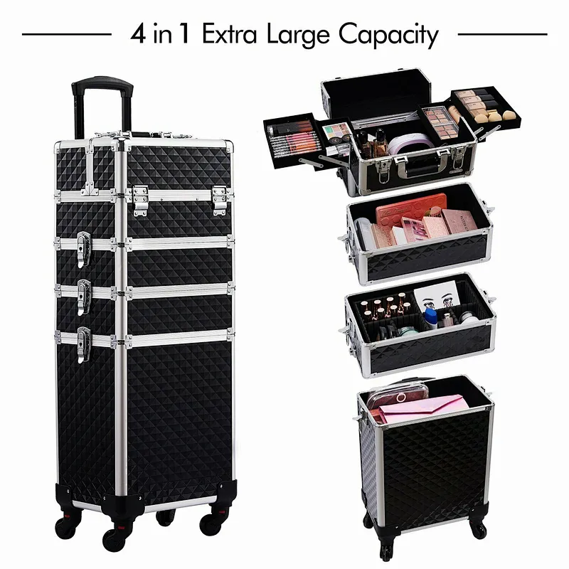 Large 4 in 1 Mobile Makeup Case Trolley Nail Vanity Beauty Box Rolling Case with 4 Removable Wheels