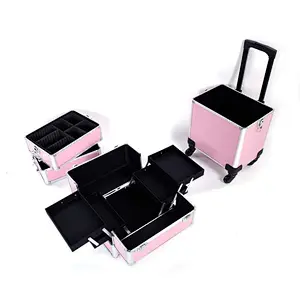 4 in 1 Aluminum Rolling Cosmetic Makeup Train Case Beauty Professional 4 Removable Wheels Rolling Aluminum Cosmetic Case Trolley