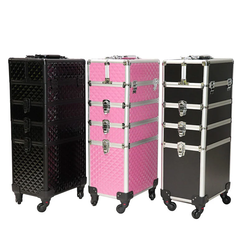 4-in-1 Rolling Makeup Train Case Lift Handle 4 Removable Wheels Lockable Keys Aluminum Cosmetic Trolley Case