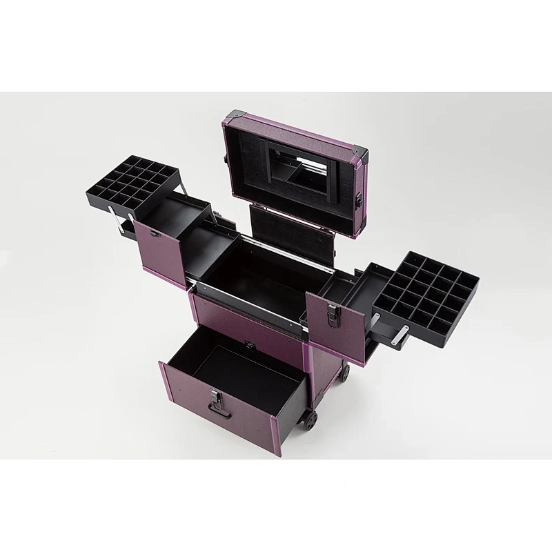 Lockable Makeup Train Case Professional Aluminum Rolling Cosmetic Organizer Trolley Makeup Case with Extendable Trays