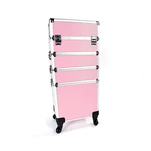 4 in 1 Aluminum Rolling Cosmetic Makeup Train Case Beauty Professional 4 Removable Wheels Rolling Aluminum Cosmetic Case Trolley