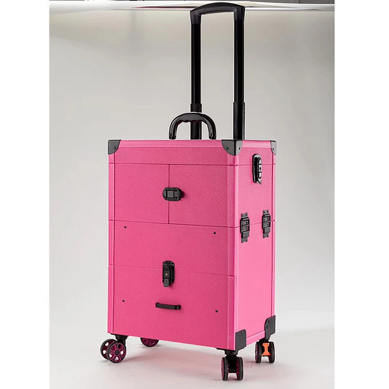 Lockable Makeup Train Case Professional Aluminum Rolling Cosmetic Organizer Trolley Makeup Case with Extendable Trays