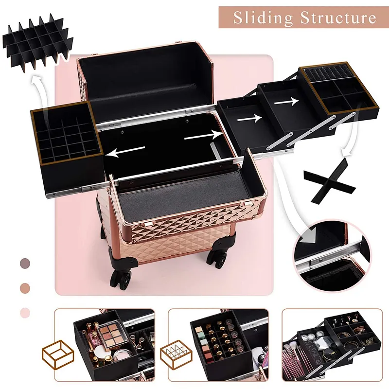Professional Trolley Cosmetic Case Large Beauty Multi-Layer Makeup Tattoo Tool Case Diamond Rolling Rose Gold Suitcase