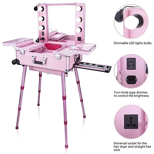 Professional Artist Makeup Case with Lights Aluminum Trolley Train Beauty Case with LED Mirror