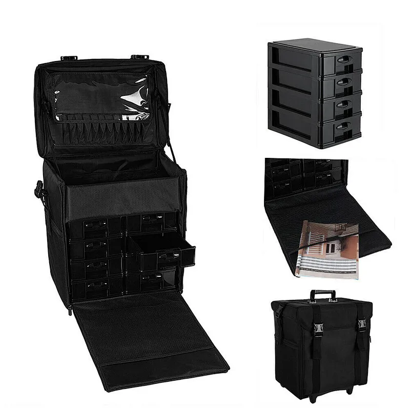 Black Portable Organizer Makeup Bag 2 In 1 Train Case Makeup Bag Cosmetic Case with Shoulder Strap and 2 Wheels