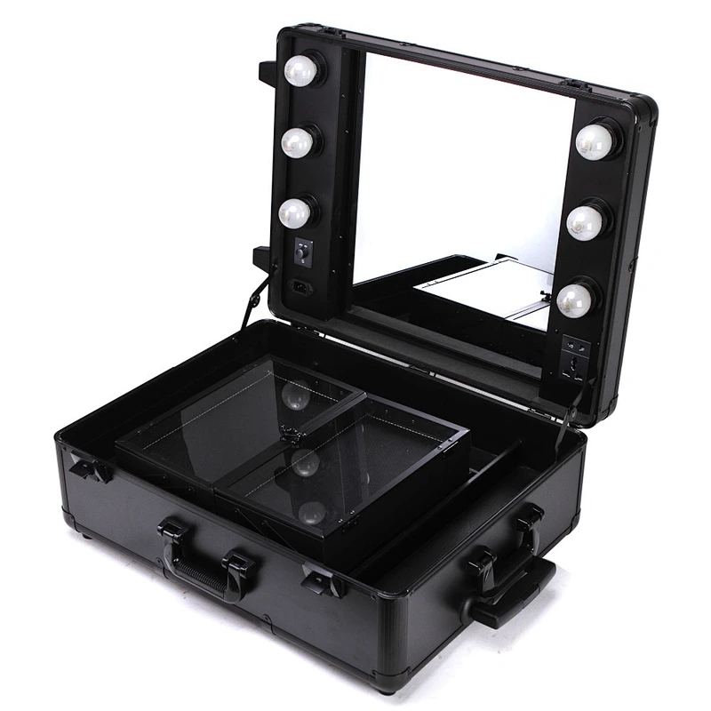 Professional Aluminum Light Cosmetic Case Trolley Case With Lights And Mirror, Makeup Station Lights Case
