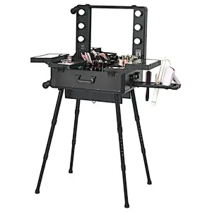 Rolling Aluminum Cosmetics Studio Case with Light Mirror