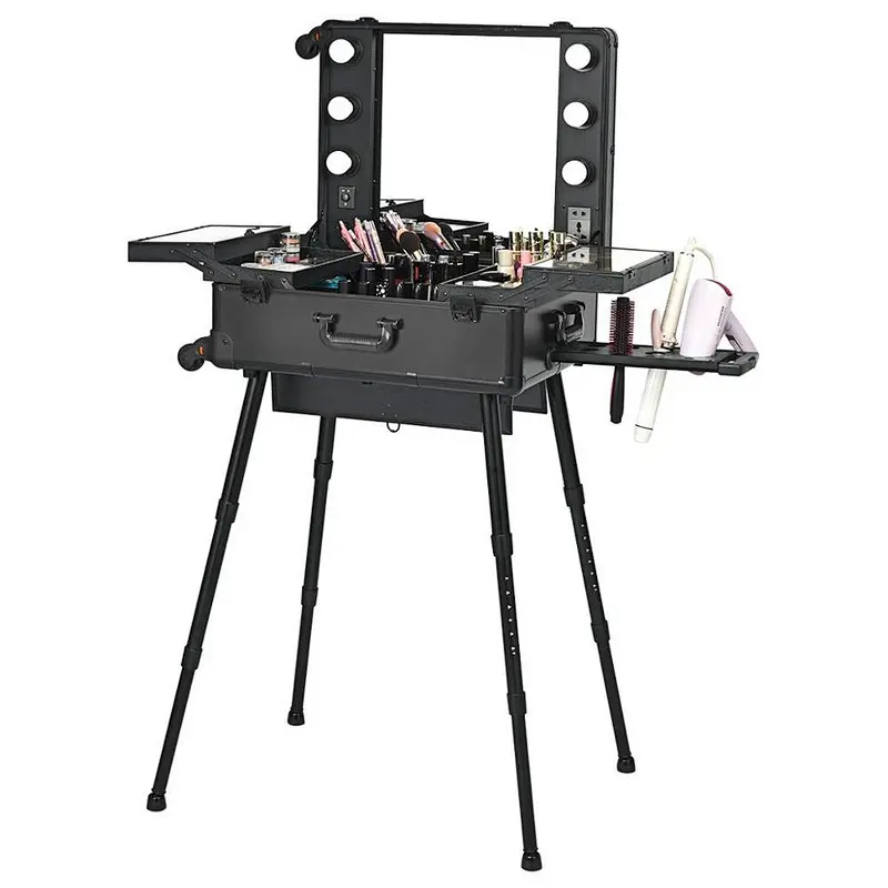 Rolling Aluminum Cosmetics Studio Case with Light Mirror
