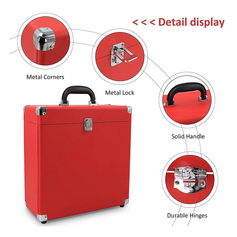 Red Vinyl Record Carry Case Large Capacity Professional LP Record Storage Case for 30 Records