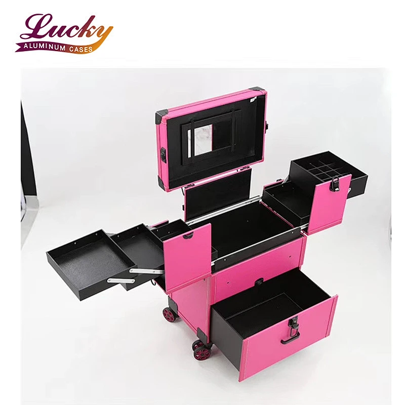 Lockable Makeup Train Case Professional Aluminum Rolling Cosmetic Organizer Trolley Makeup Case with Extendable Trays