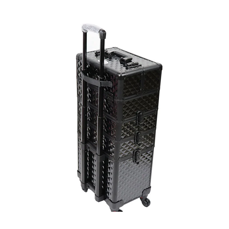 4-in-1 Rolling Makeup Train Case Lift Handle 4 Removable Wheels Lockable Keys Aluminum Cosmetic Trolley Case