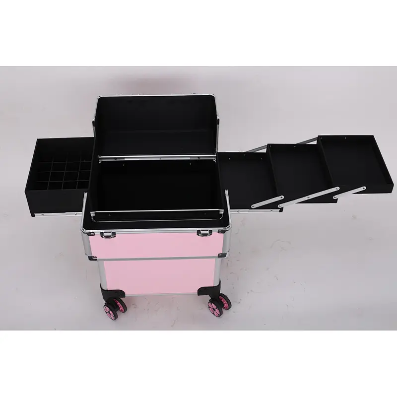 Rolling Makeup Train Case  Salon Lockable Travel Trolley with Sliding Drawers Case  Aluminum Cosmetic with Wheel Barber