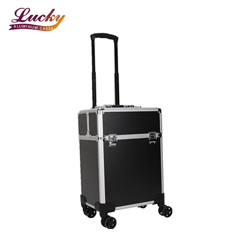 Rolling Makeup Train Case  Salon Lockable Travel Trolley with Sliding Drawers Case  Aluminum Cosmetic with Wheel Barber