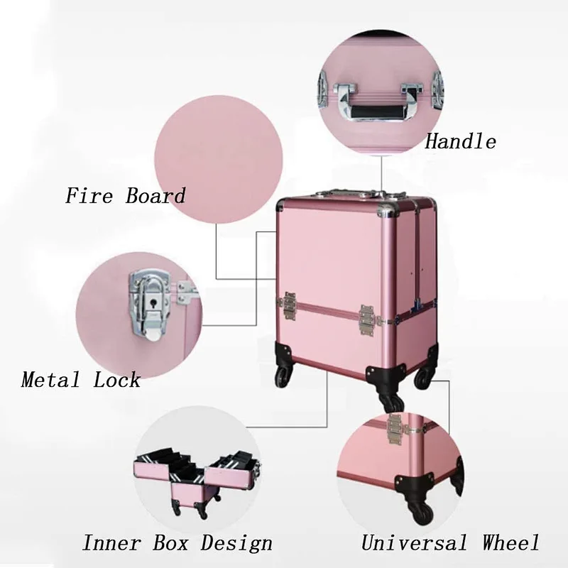 Professional Aluminum Makeup Train Case Organizer Interchangeable Cosmetic Rolling Train Trolley case