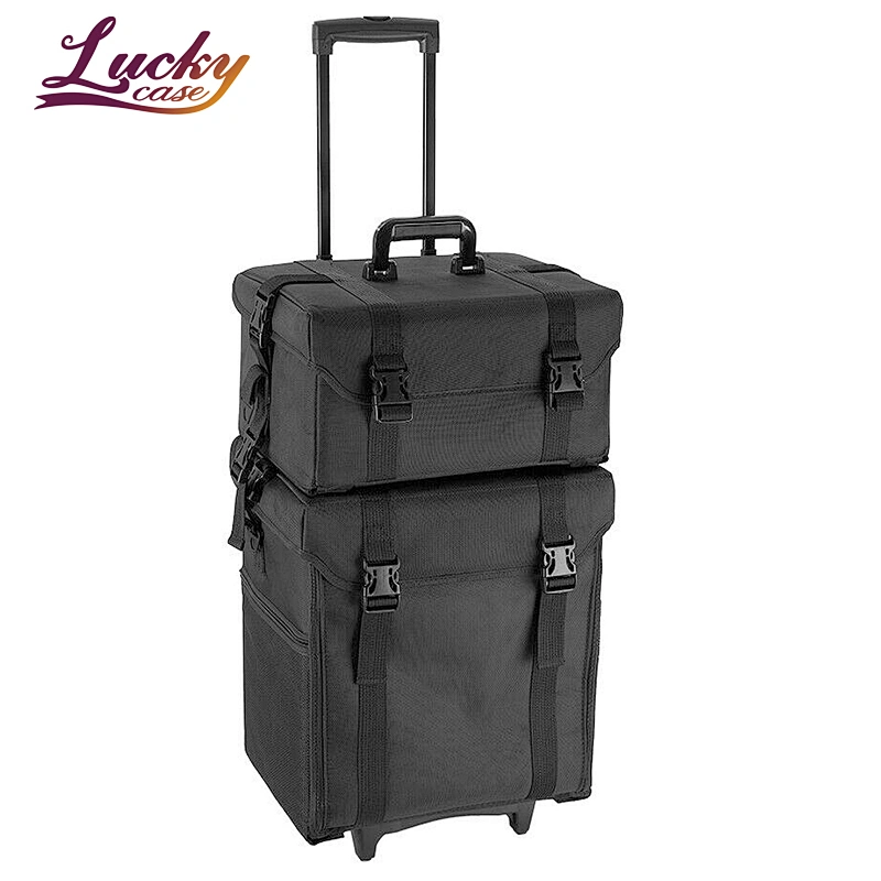 Black Portable Organizer Makeup Bag 2 In 1 Train Case Makeup Bag Cosmetic Case with Shoulder Strap and 2 Wheels