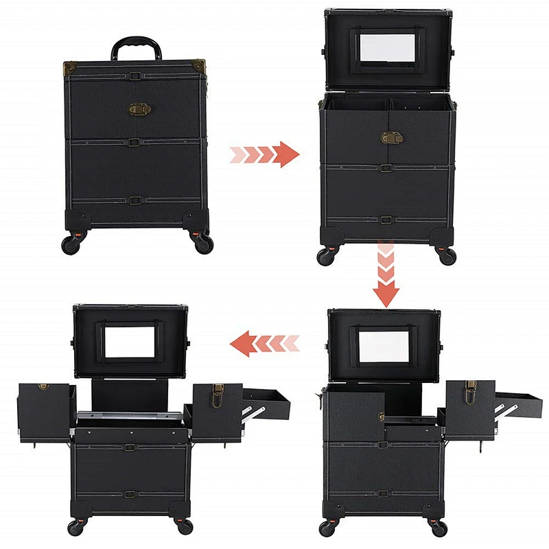 PU Surface Rolling Cosmetic Case Rolling Wheel Beauty Storage Travel Case Roll Cosmetic Case with Sliding Drawers With Mirror