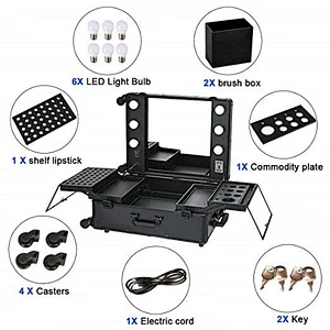 Rolling Aluminum Cosmetics Studio Case with Light Mirror