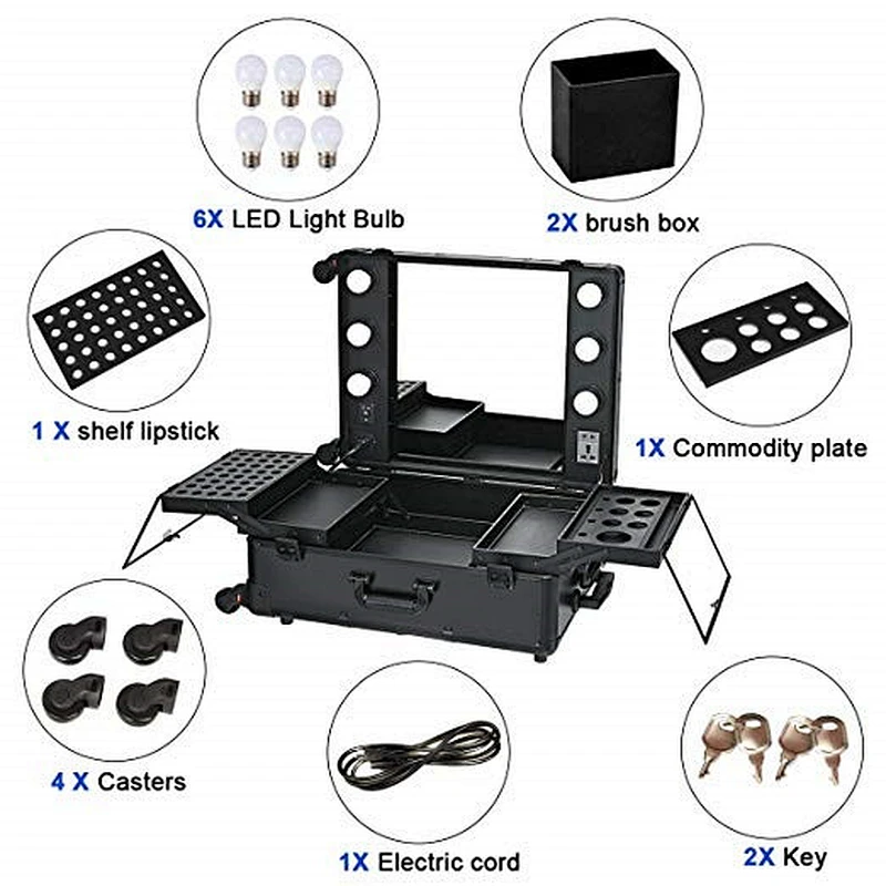 Rolling Aluminum Cosmetics Studio Case with Light Mirror