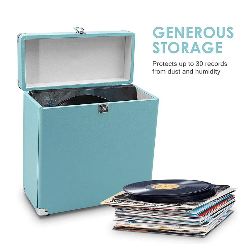 Leather Vinyl Record Box Portable 14 Inch Vinyl Record Heavy Duty Carrying Case for 30+ Records