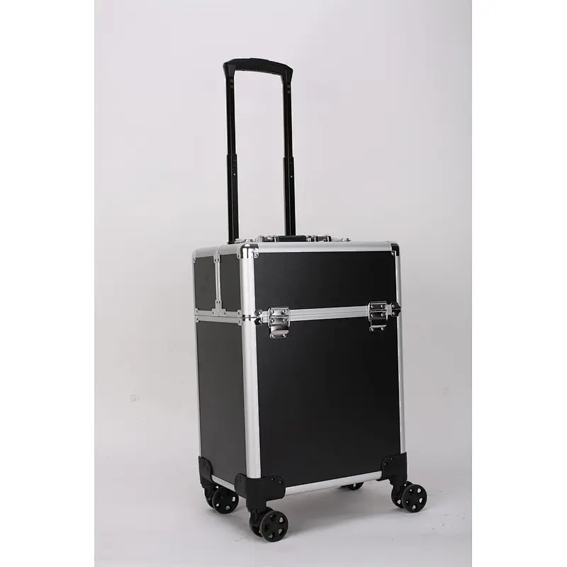 Rolling Makeup Train Case  Salon Lockable Travel Trolley with Sliding Drawers Case  Aluminum Cosmetic with Wheel Barber