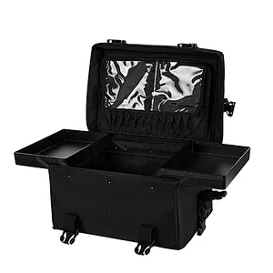 Black Portable Organizer Makeup Bag 2 In 1 Train Case Makeup Bag Cosmetic Case with Shoulder Strap and 2 Wheels