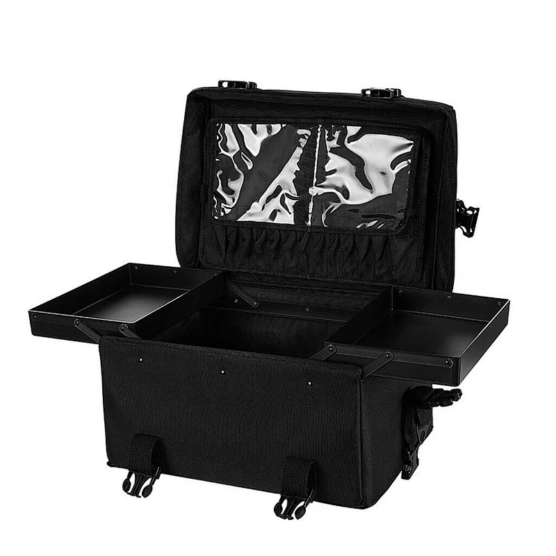 Black Portable Organizer Makeup Bag 2 In 1 Train Case Makeup Bag Cosmetic Case with Shoulder Strap and 2 Wheels