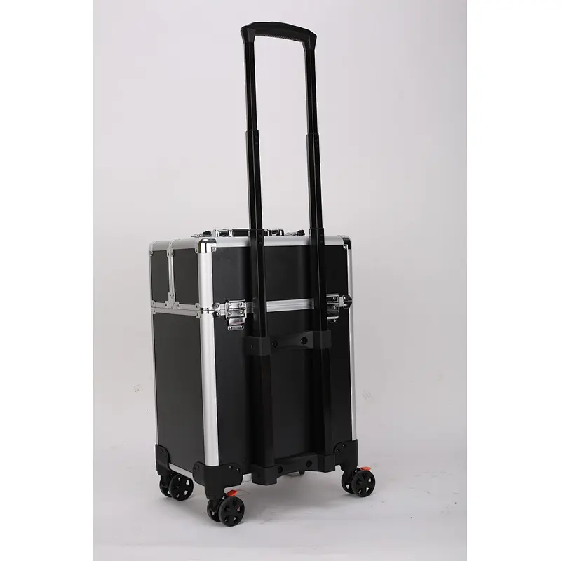 Rolling Makeup Train Case  Salon Lockable Travel Trolley with Sliding Drawers Case  Aluminum Cosmetic with Wheel Barber