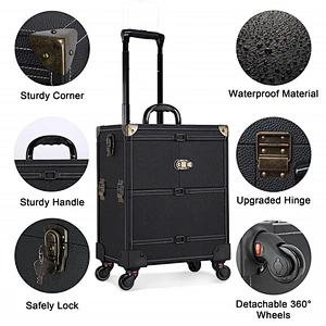 PU Surface Rolling Cosmetic Case Rolling Wheel Beauty Storage Travel Case Roll Cosmetic Case with Sliding Drawers With Mirror