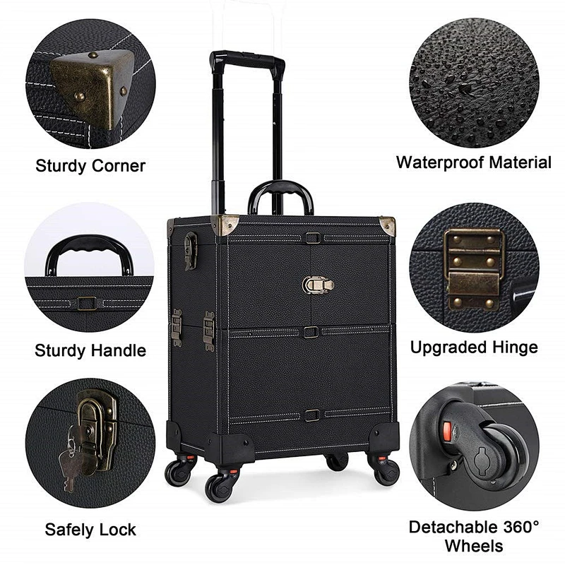 PU Surface Rolling Cosmetic Case Rolling Wheel Beauty Storage Travel Case Roll Cosmetic Case with Sliding Drawers With Mirror