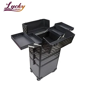 4-in-1 Rolling Makeup Train Case Lift Handle 4 Removable Wheels Lockable Keys Aluminum Cosmetic Trolley Case
