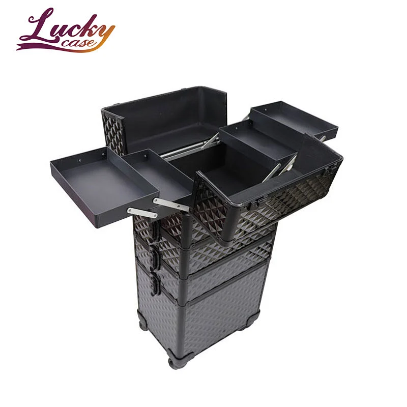 4-in-1 Rolling Makeup Train Case Lift Handle 4 Removable Wheels Lockable Keys Aluminum Cosmetic Trolley Case